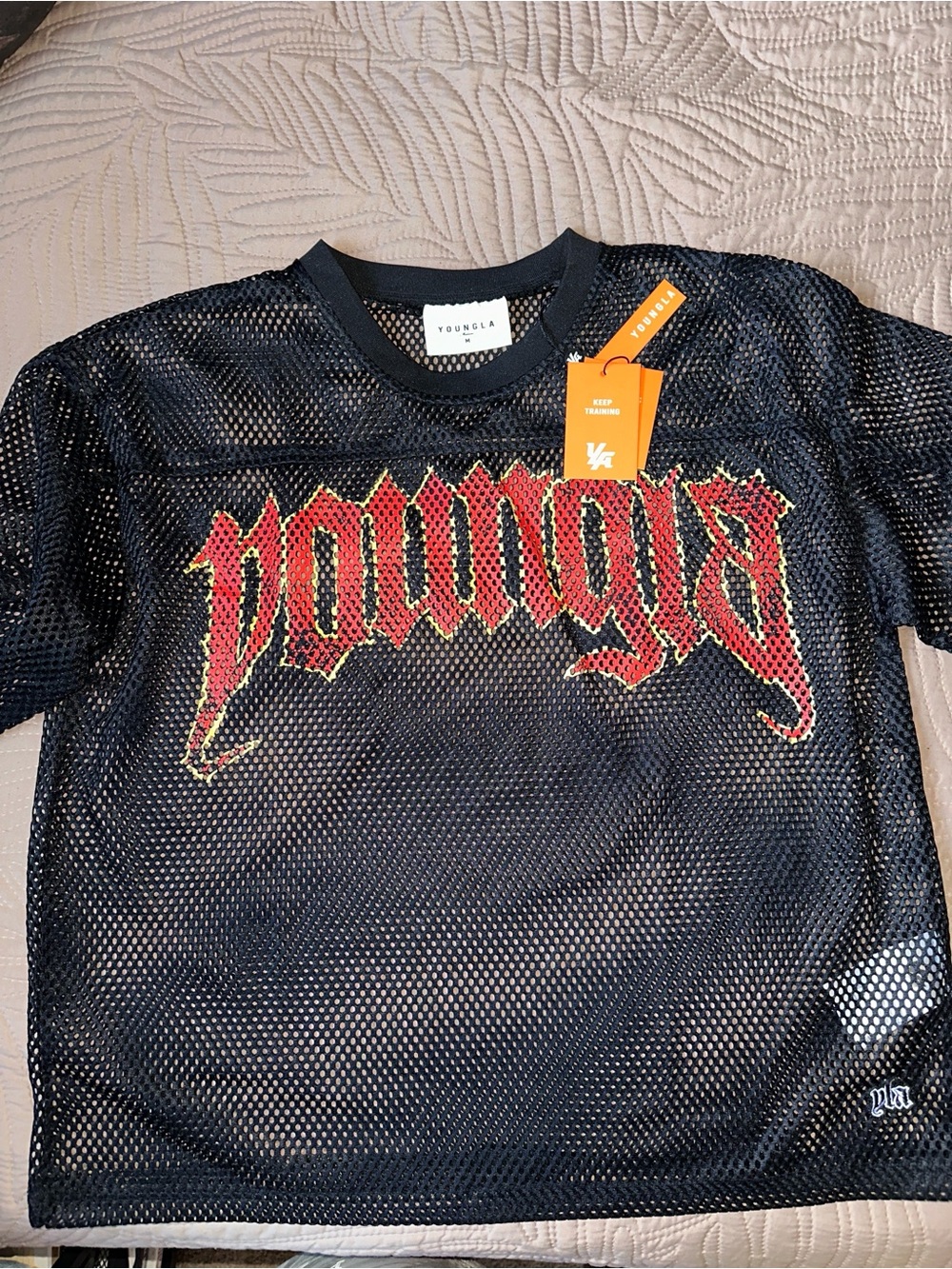YoungLA Black Mesh Tee with Red and Gold Logo